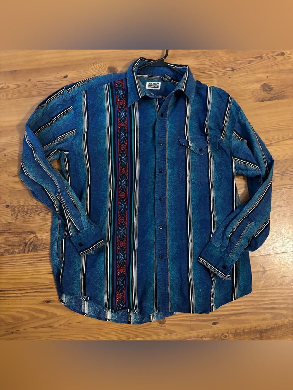 Basic Editions Southwestern Shirt Men L Blue Tribal Aztec Button Up Long Sleeve